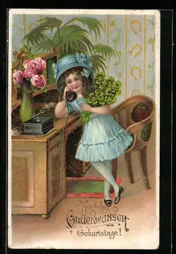 AK Mädchen im blauen Kleid am Telefon