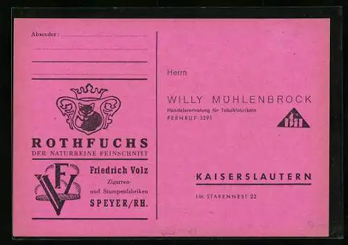 AK Rothfuchs, Reklame, Feinschnitt, Friedrich Volz, Zigarren und Stumpenfabrik, Speyer