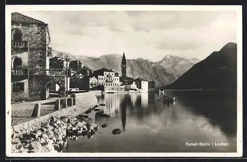 AK Perast-Stoliv, Teilansicht der Ortschaft mit Lovcen