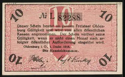 Notgeld Oldenburg i. O. 1918, 10 Pfennig, Eichenlaub, Ritter mit Schwert und Mann mit Werkzeug