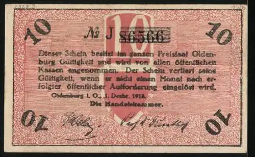 Notgeld Oldenburg i. O. 1918, 10 Pfennig, Eichenlaub, Ritter mit Schwert und Mann mit Werkzeug