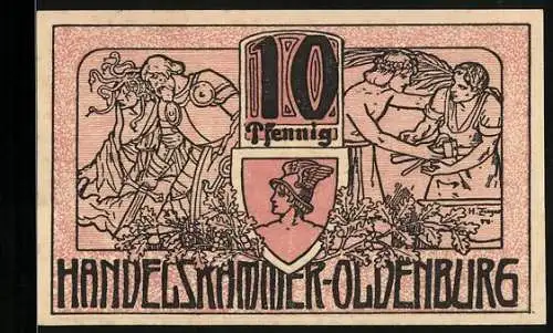 Notgeld Oldenburg i. O. 1918, 10 Pfennig, Eichenlaub, Ritter mit Schwert und Mann mit Werkzeug