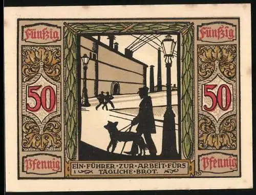 Notgeld Oldenburg i. O. 1921, 50 Pfennig, Mann unterwegs mit Blindenhund