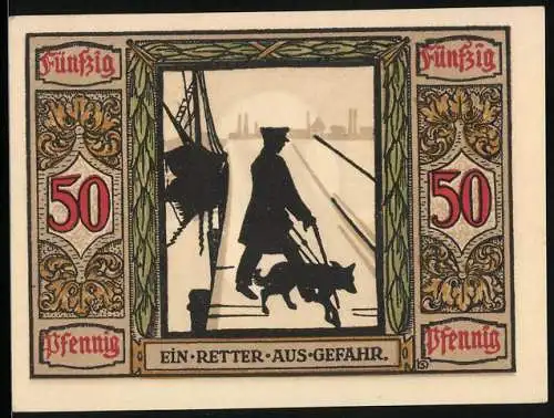 Notgeld Oldenburg i. O. 1921, 50 Pfennig, Blinder Mann wird von seinem Blindenhund geführt