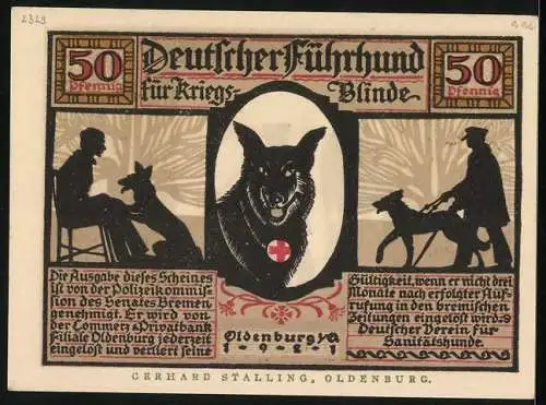 Notgeld Oldenburg i. O. 1921, 50 Pfennig, Blinder Mann wird von seinem Blindenhund geführt