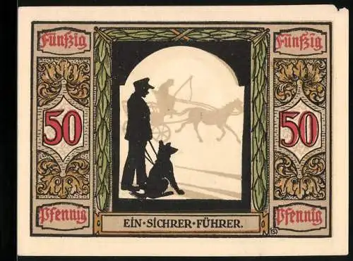 Notgeld Oldenburg i. O. 1921, 50 Pfennig, Blindenhund hilft dem Mann über die Strasse