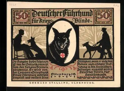 Notgeld Oldenburg i. O. 1921, 50 Pfennig, Mann mit Blindenhund unterwegs