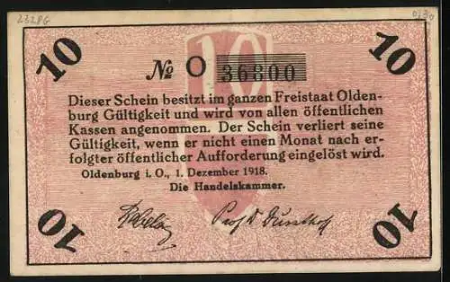 Notgeld Oldenburg i. O. 1918, 10 Pfennig, Eichenlaub, Ritter mit Schwert und Mann mit Werkzeug