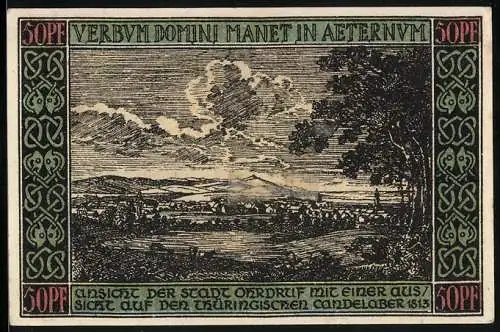 Notgeld Ohrdruf 1921, 50 Pfennig, Panorama, Ortspartie und Wappen