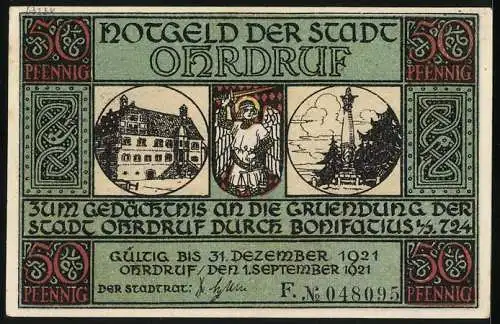 Notgeld Ohrdruf 1921, 50 Pfennig, Panorama, Ortspartie und Wappen