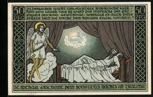 Notgeld Ohrdruf 1921, 50 Pfennig, St. Michael erscheint dem Bonifatius nachts im Traum, Ortspartie und Wappen