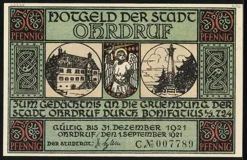 Notgeld Ohrdruf 1921, 50 Pfennig, St. Michael erscheint dem Bonifatius nachts im Traum, Ortspartie und Wappen