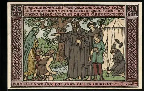 Notgeld Ohrdruf 1921, 50 Pfennig, Bonifatius schlägt das Lager an der Ohra auf, Ortspartie und Wappen
