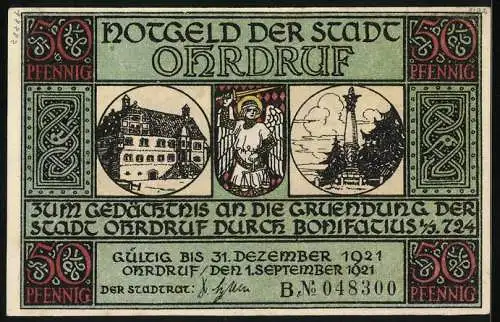 Notgeld Ohrdruf 1921, 50 Pfennig, Bonifatius schlägt das Lager an der Ohra auf, Ortspartie und Wappen