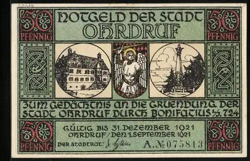 Notgeld Ohrdruf 1921, 50 Pfennig, Bonifatius wird von Papst Gregor II. zur Bekehrung beauftragt, Ortspartie und Wappen