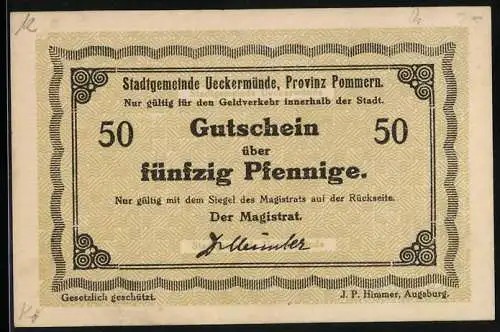 Notgeld Ueckermünde /Pomm., 50 Pfennig, Signatur, Gutschein