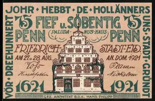 Notgeld Friedrichstadt /Eid. 1921, 75 Pfennig, Paluda-Nus-Haus, Ortspartie