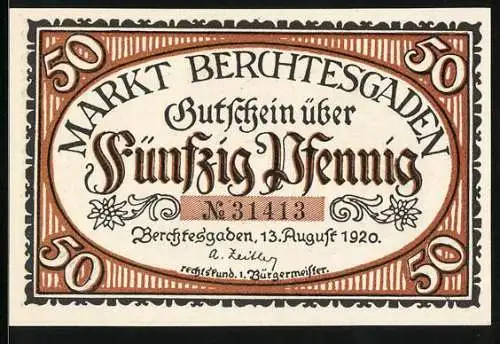 Notgeld Berchtesgaden 1920, 50 Pfennig, Ortsansicht, Gutschein