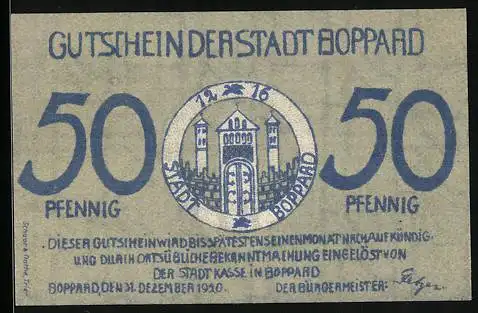 Notgeld Boppard 1920, 50 Pfennig, Stadtpanorama mit Dampfer, Wappen, Gutschein