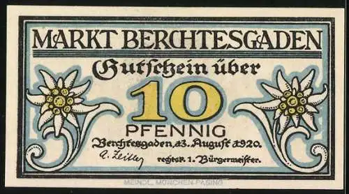 Notgeld Berchtesgaden 1920, 10 Pfennig, Edelweiss und Arbeiter im Salzbergwerk, Gutschein