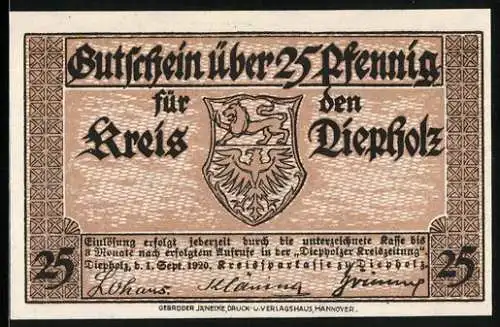 Notgeld Diepholz 1920, 25 Pfennig, Bauernkate und Wappen, Gutschein