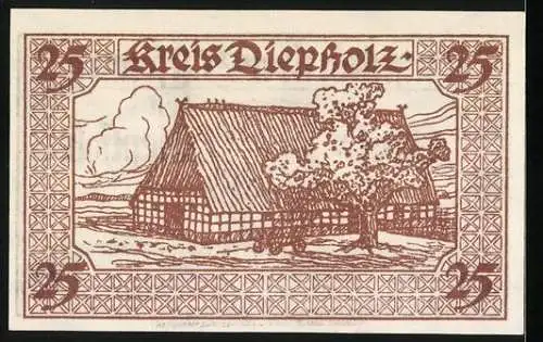 Notgeld Diepholz 1920, 25 Pfennig, Bauernkate und Wappen, Gutschein