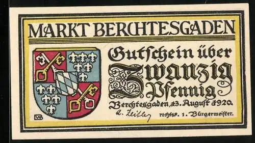 Notgeld Berchtesgaden 1920, 20 Pfennig, Watzmann vor aufgehender Sonne, Wappen, Gutschein