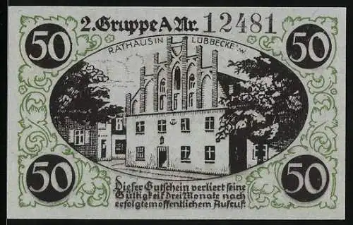 Notgeld Lübbecke i. W. 1920, 50 Pfennig, Rathaus und Stadtpanorama
