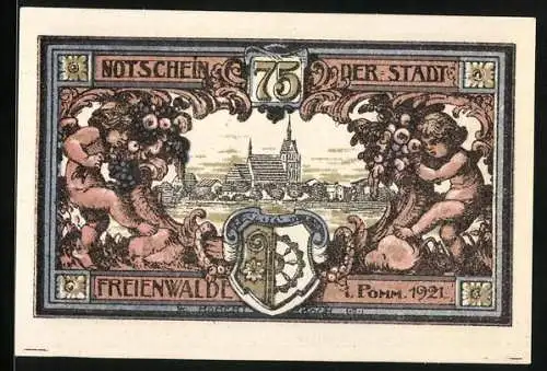 Notgeld Freienwalde i. Pomm. 1921, 75 Pfennig, Ortsansicht, Engel schreibt einen Brief, Wappen