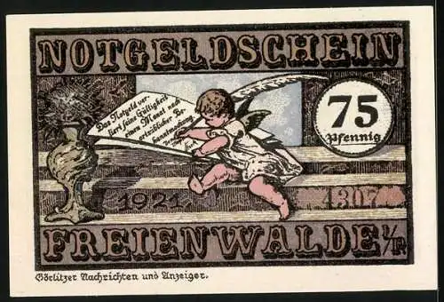Notgeld Freienwalde i. Pomm. 1921, 75 Pfennig, Ortsansicht, Engel schreibt einen Brief, Wappen