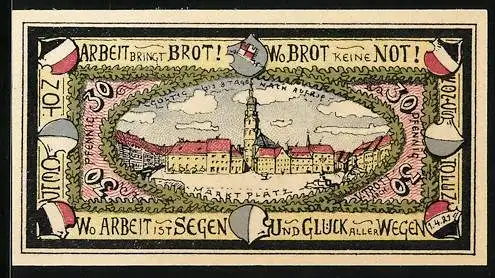 Notgeld Königshofen, 30 Pfennig, Stadtansicht und Wappen