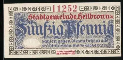 Notgeld Heilbronn a. N. 1917, 50 Pfennig, Reichsadler und Signatur