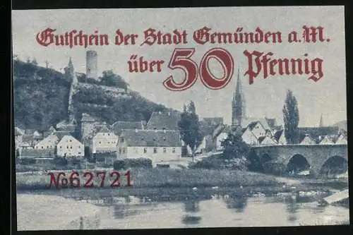 Notgeld Gemünden a. M., 50 Pfennig, Panorama mit Flusspartie und Brücke, Gutschein