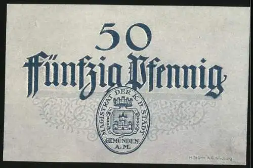 Notgeld Gemünden a. M., 50 Pfennig, Panorama mit Flusspartie und Brücke, Gutschein