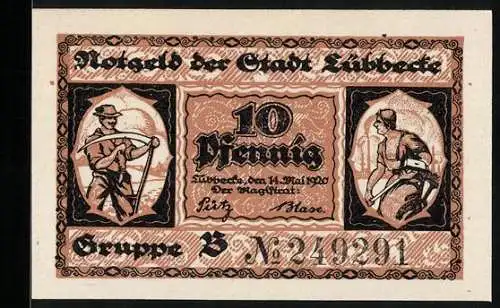 Notgeld Lübbecke i. W. 1920, 10 Pfennig, Bauer und Arbeiter mit ihren Werkzeugen, Wappen