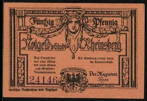 Notgeld Rheinsberg, 50 Pfennig, Wappen und Bildnis Friedrich der Grosse