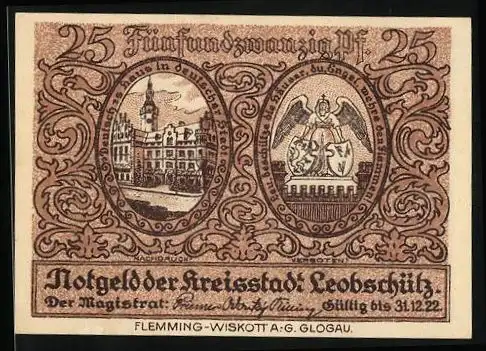 Notgeld Leobschütz 1922, 25 Pfennig, Ortsansicht im Jahre 1438