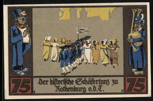 Notgeld Rothenburg o. d. T. 1921, 75 Pfennig, Schäfer mit seiner Herde, Einwohner beim Schäfertanz