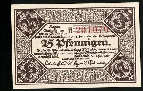 Notgeld Hannover 1921, 25 Pfennig, Ortspartie, Gutschein