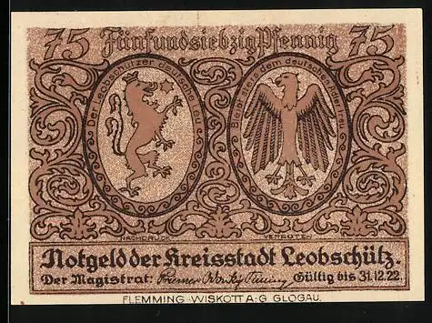 Notgeld Leobschütz 1922, 75 Pfennig, Bewohnerinnen in Tracht, Wappen