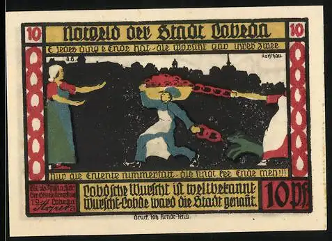 Notgeld Lobeda 1921, 10 Pfennig, Burgruine und Bote vor Stadtpanorama