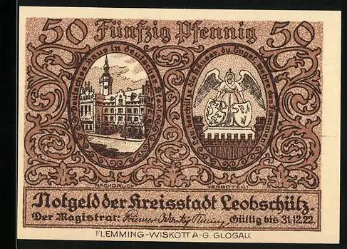 Notgeld Leobschütz 1922, 50 Pfennig, Siegel der deutschen Urkunde 1265