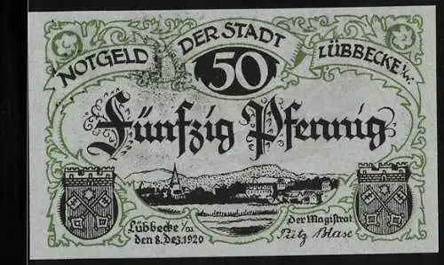 Notgeld Lübbecke i. W. 1920, 50 Pfennig, Burgmannshof und Panorama, Wappen, Gutschein