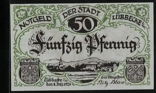 Notgeld Lübbecke i. W. 1920, 50 Pfennig, Reineberg-Linde und Stadtpanorama, Wappen, Gutschein