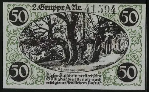 Notgeld Lübbecke i. W. 1920, 50 Pfennig, Reineberg-Linde und Stadtpanorama, Wappen, Gutschein