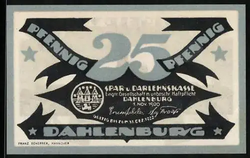 Notgeld Dahlenburg 1920, 25 Pfennig, Panorama mit Kirche