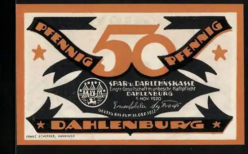 Notgeld Dahlenburg 1920, 50 Pfennig, Panorama mit Kirche