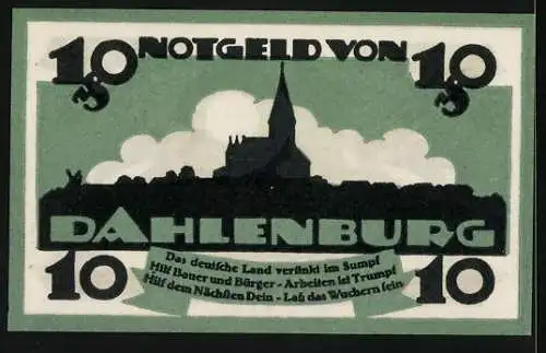 Notgeld Dahlenburg 1920, 10 Pfennig, Panorama mit Kirche