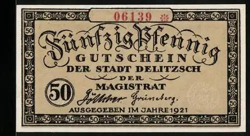Notgeld Delitzsch 1921, 50 Pfennig, Stadtansicht aus dem Jahre 1650, Gutschein