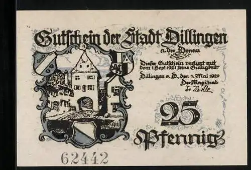 Notgeld Dillingen a. d. Donau 1920, 25 Pfennig, Ortsansicht, Gutschein
